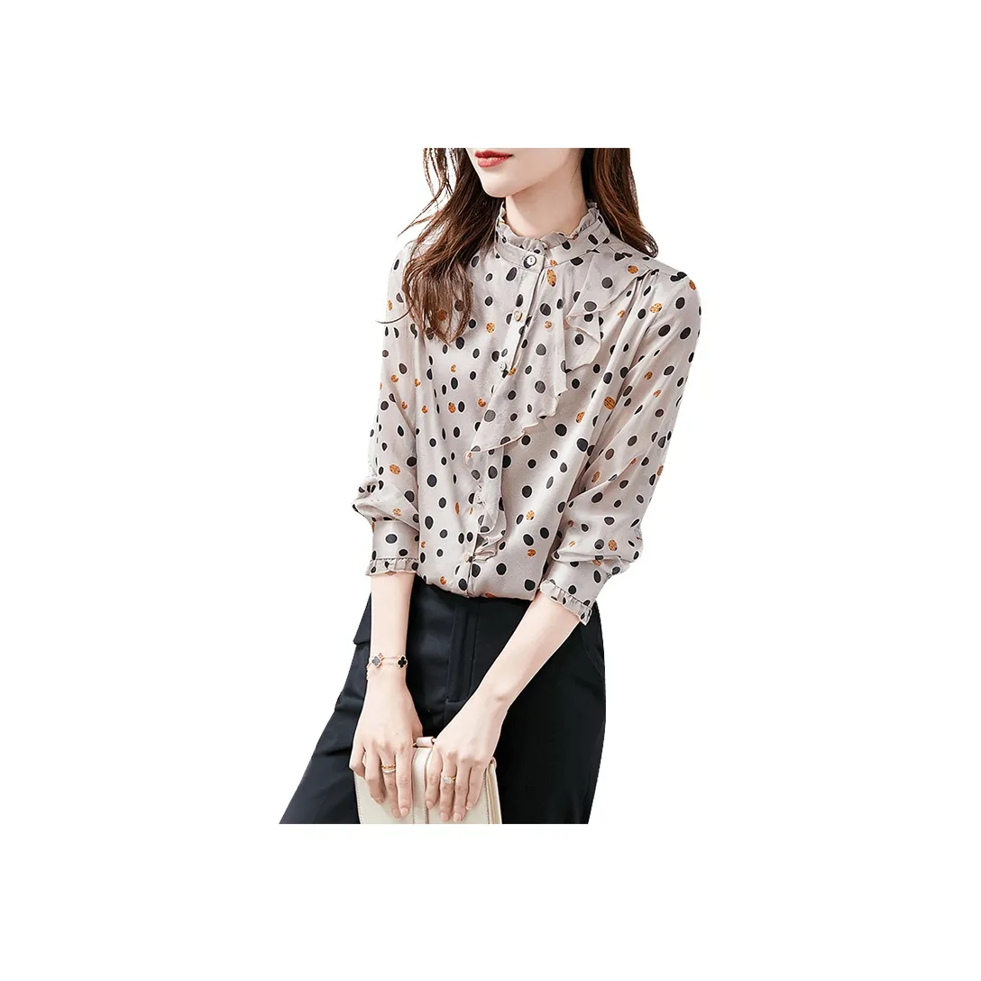 Cypress House Shirt Women's Beige Gray With Polka Dot