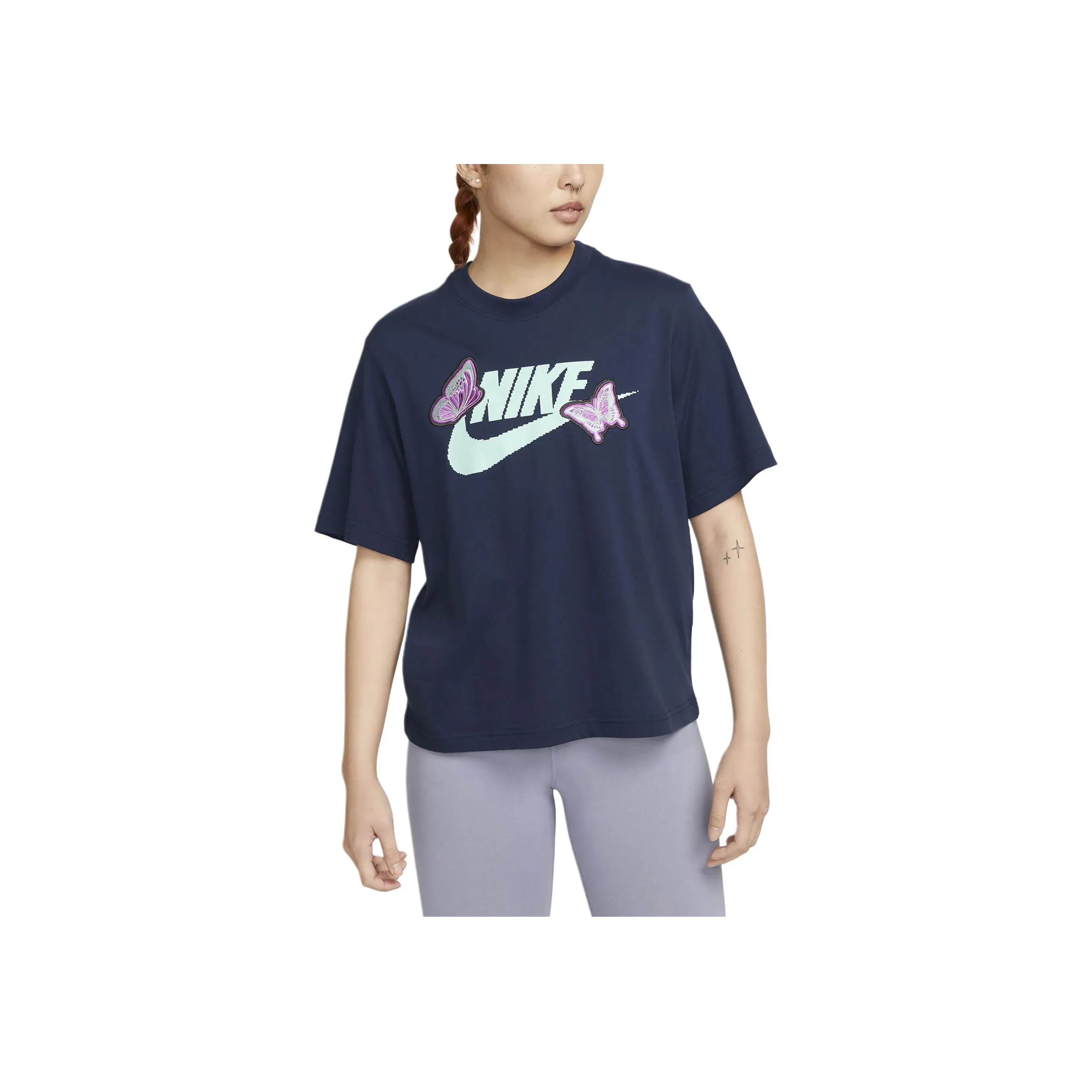 Nike Women'ss Butterfly Print Crewneck T-Shirt Navy