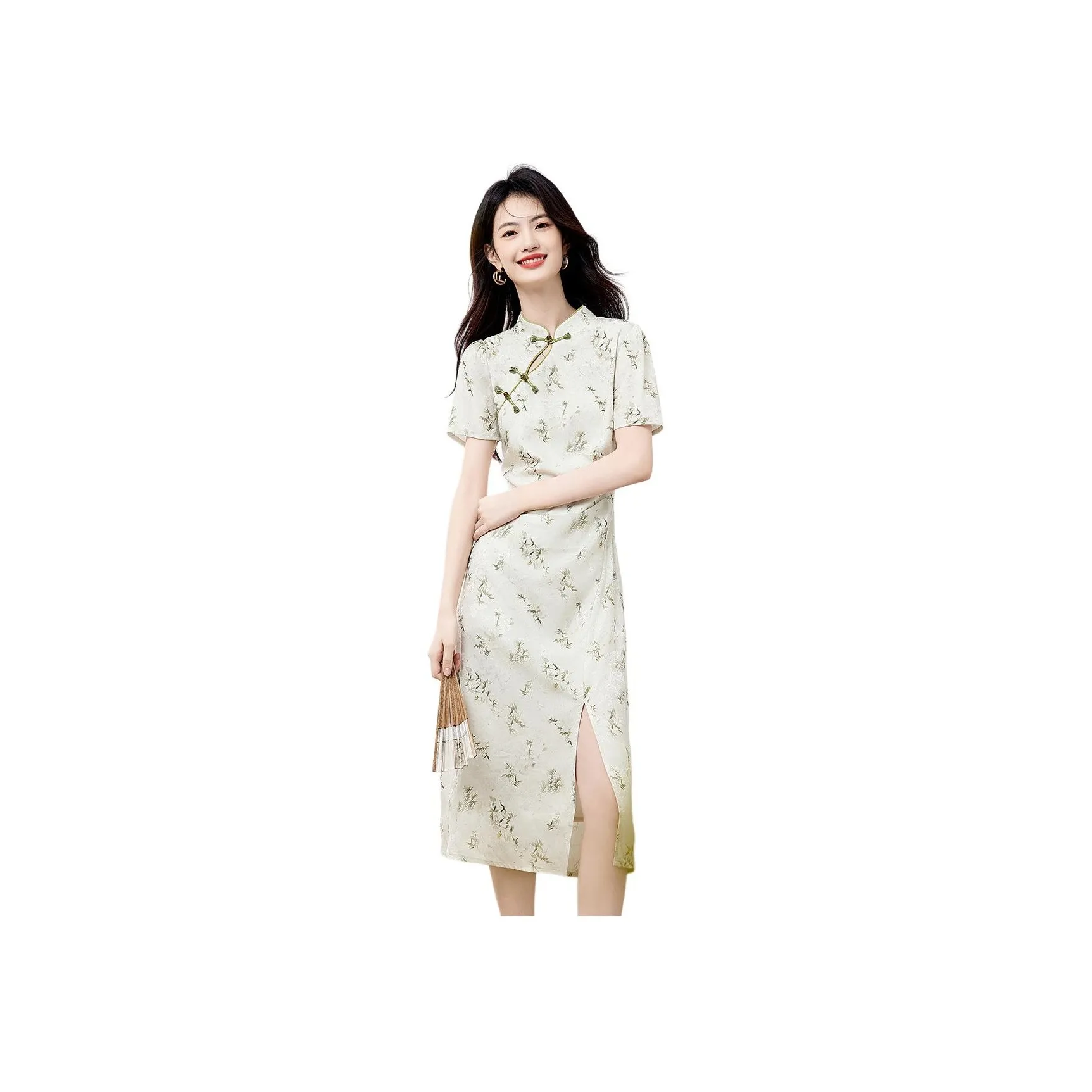 XINFEIYU Short Sleeved Dresses Women's Bamboo Green