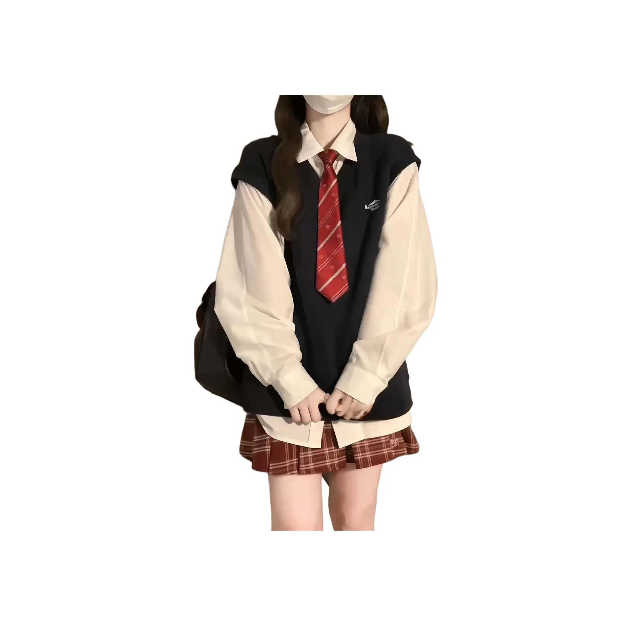 Mu Qingqing Белая рубашка + Галстук + Сатиновая юбка + Черный жилет Женские комплекты с юбкой