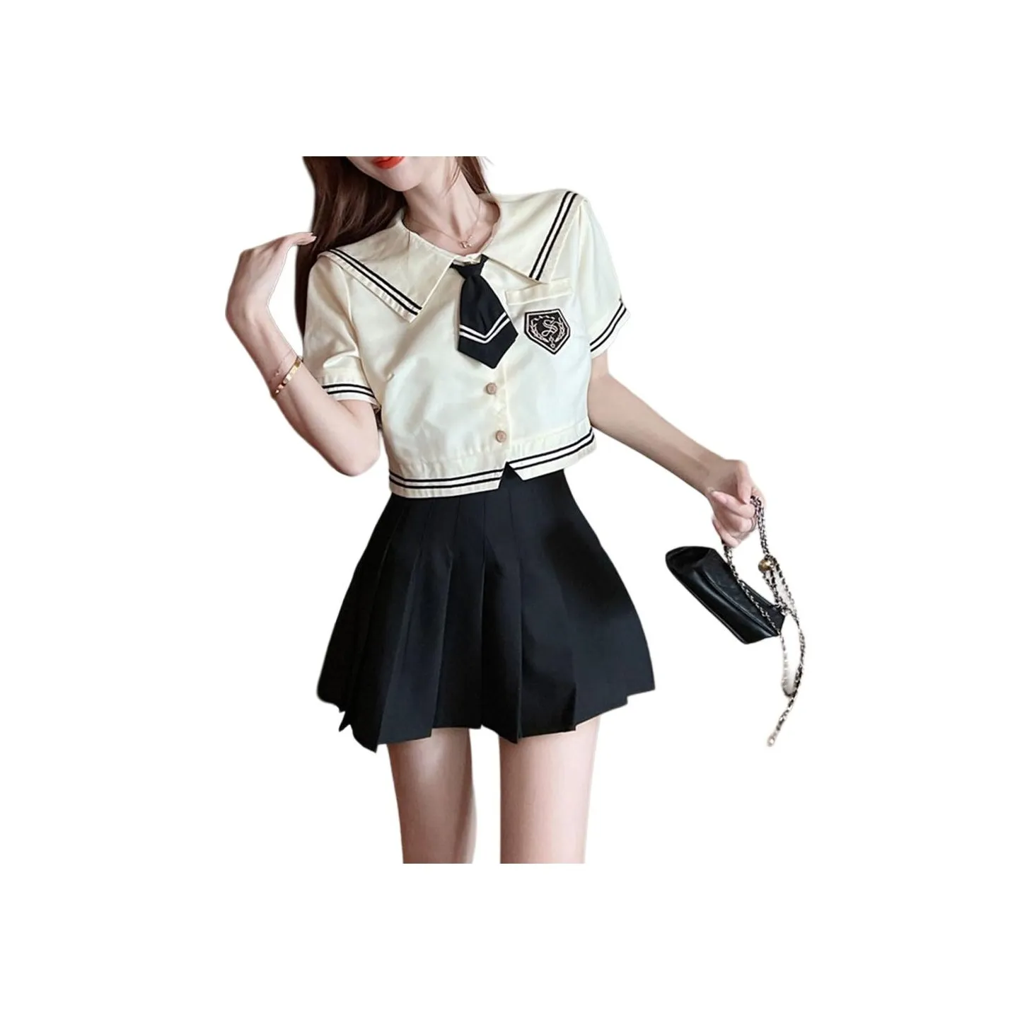 Garbege Uniforms Women's Apricot Shirt Bow Tie Black Skirt Clothing Set