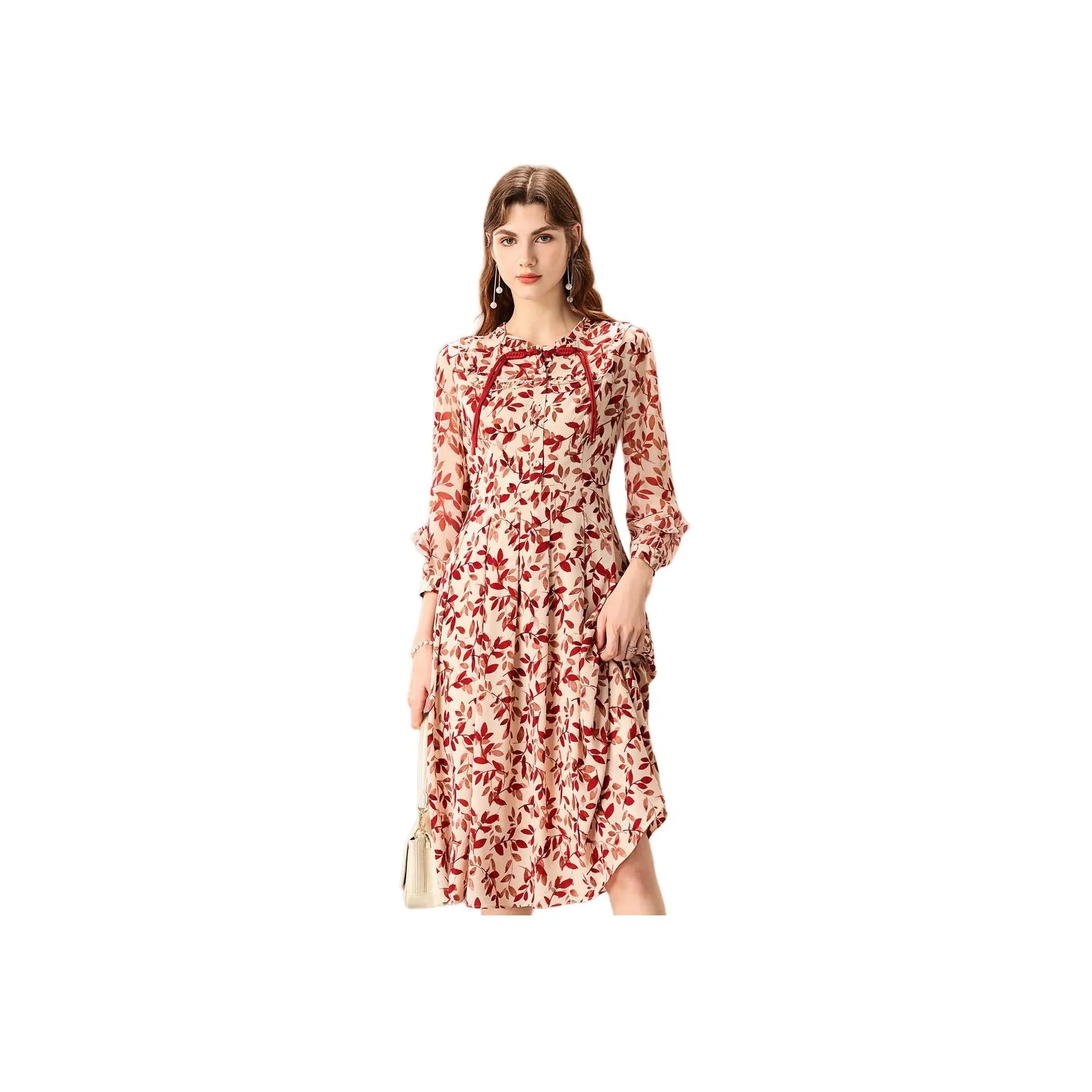 FENHONGMALI Long Sleeved Dress Women's Red Flower