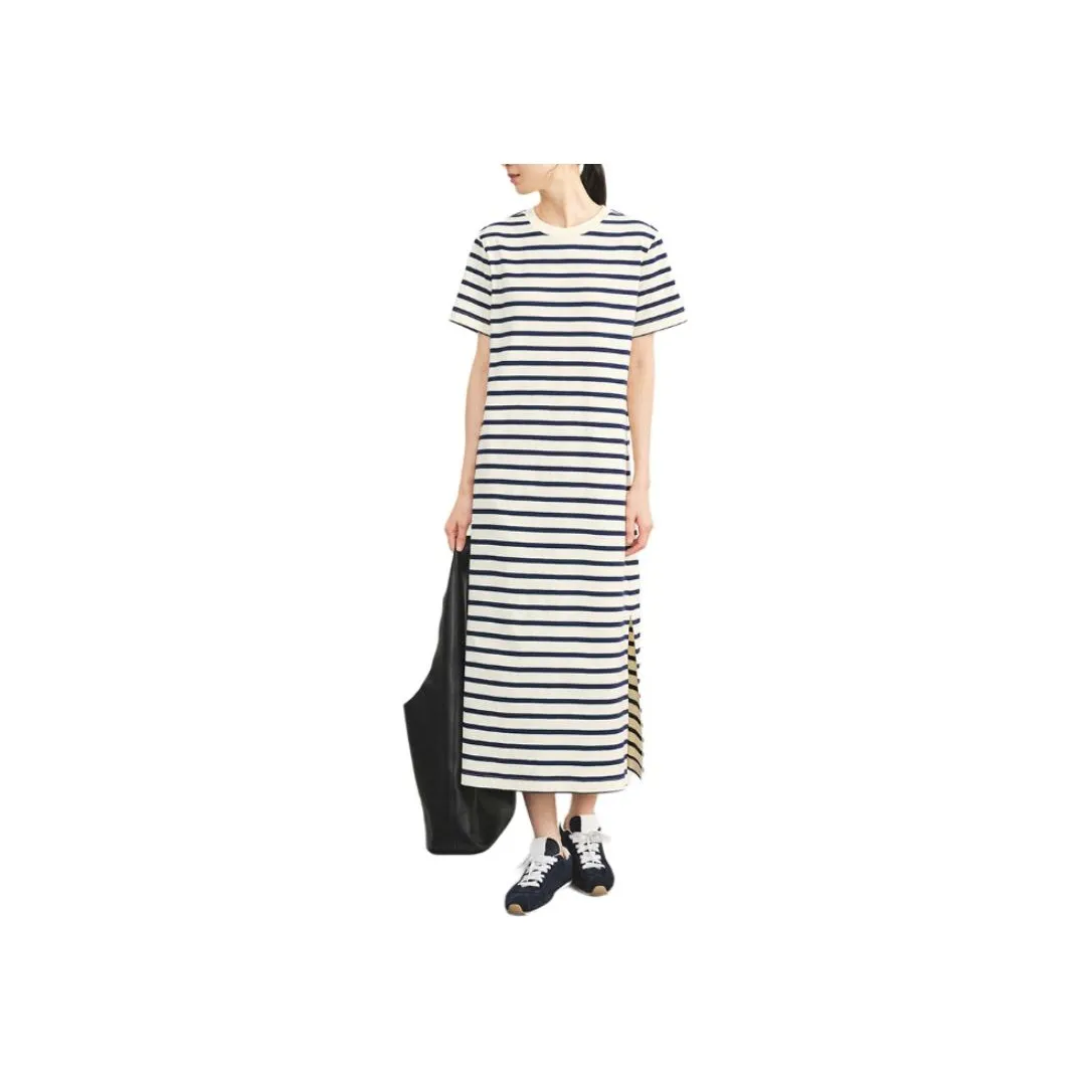 Orange Desire SS24 Short Sleeved Dress Women's White Base Navy Blue Stripes