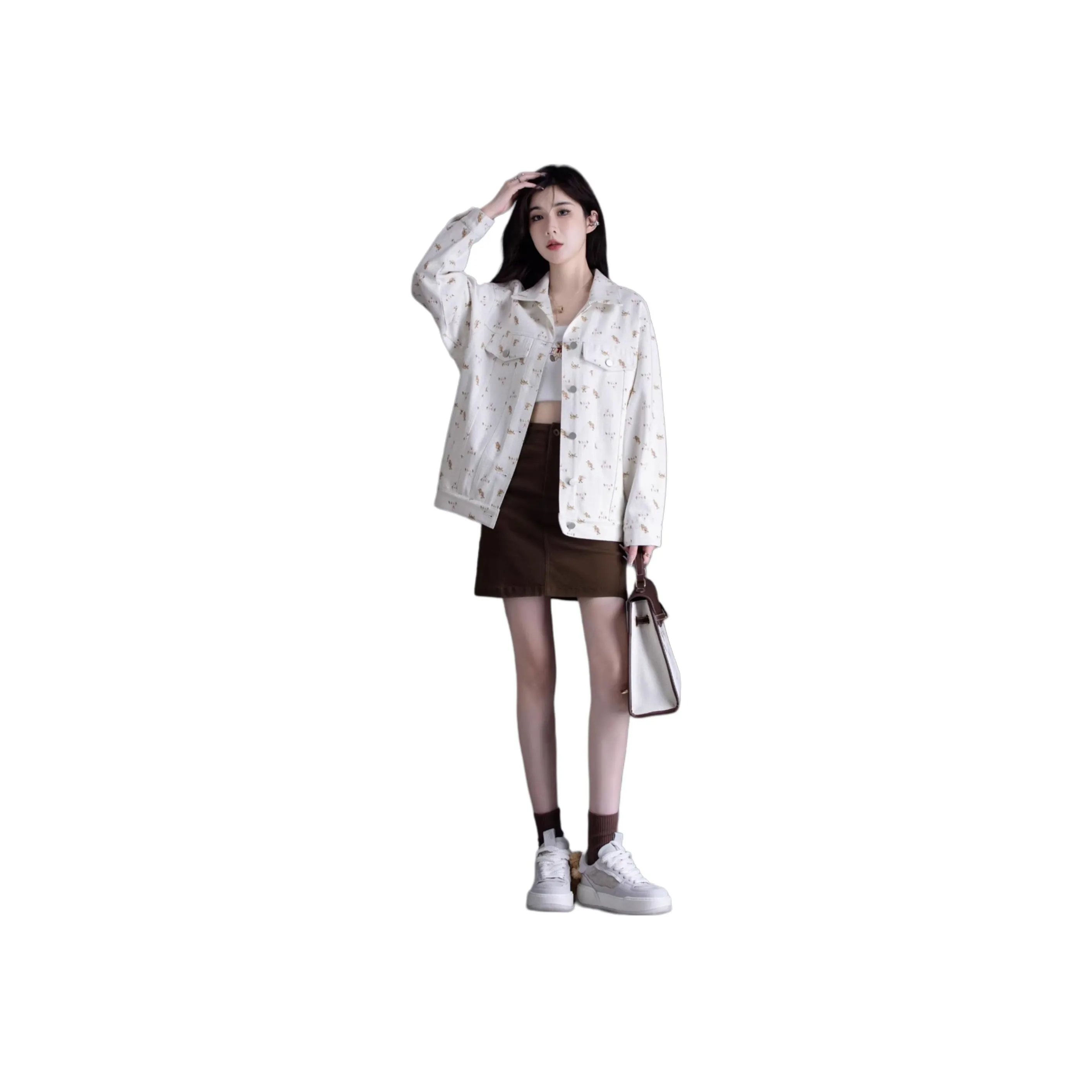 You Cow Me Pants Denim Jacket Women's Beige Base Print