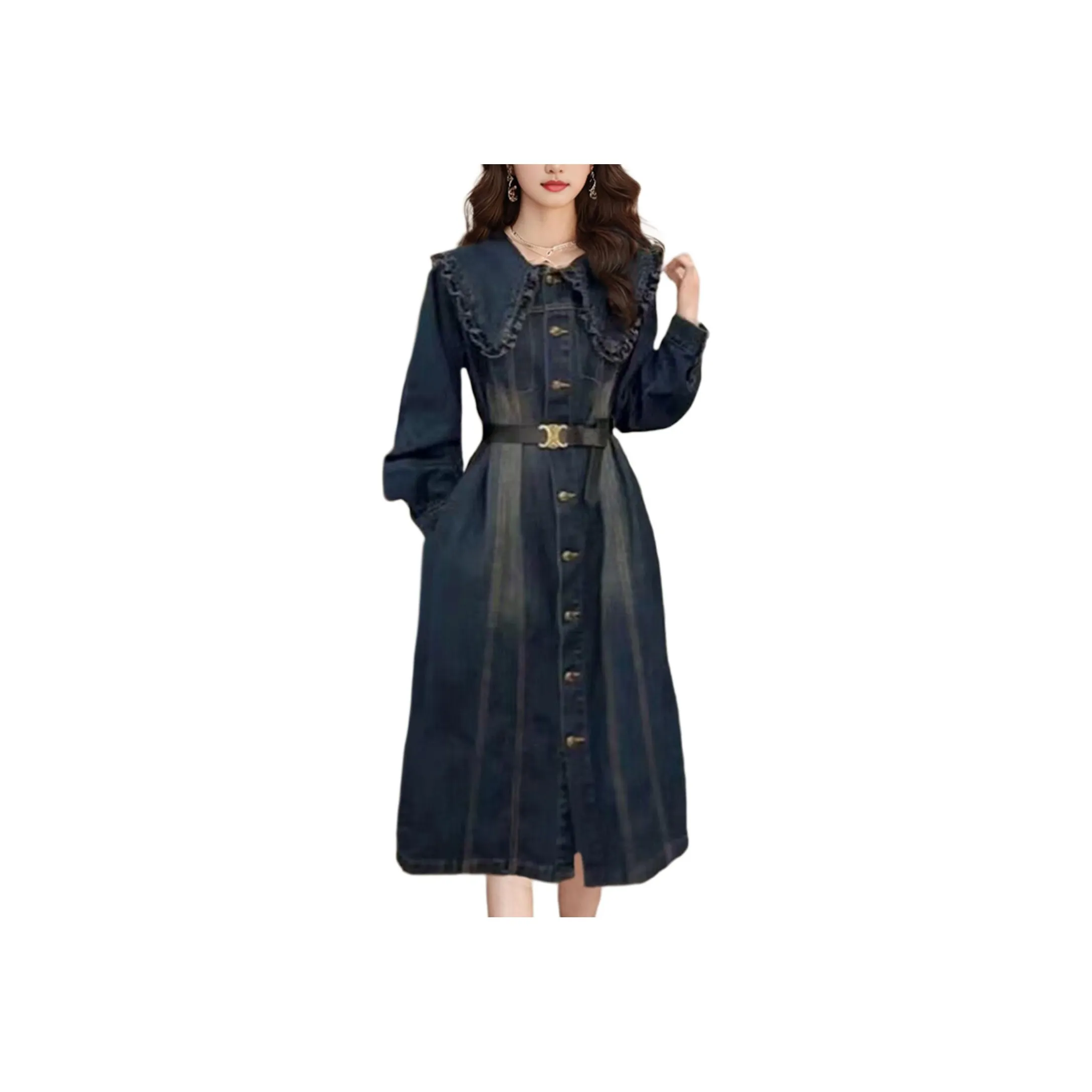 Wbwq Длинное платье с длинными рукавами женское джинсовый синий