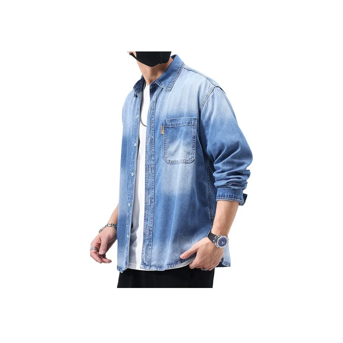 ZENGZHI Деним Рубашка Облегающий Прямой крой Унисекс