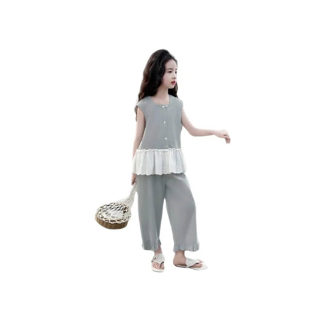 TONYBEAR 2025 Летний Корейский стиль Без рукавов Кружево Пэчворк Брюки Двухкомпонентный комплект