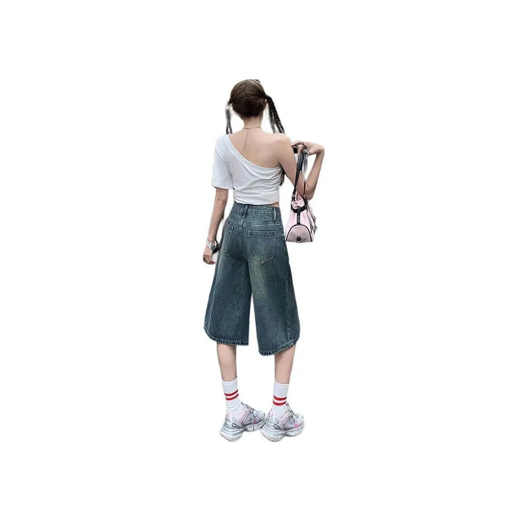 Wen Shan Denim Shorts Women's Vintage Blue Capri Pants