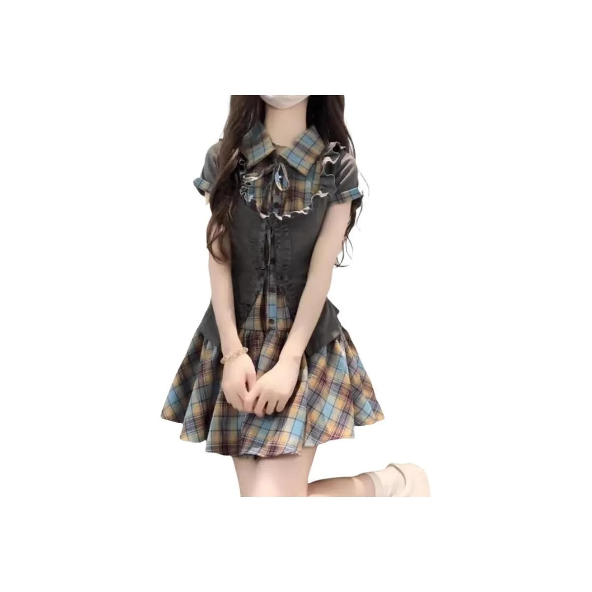 YICHEN Топ + Платье в клетку Одежда Комплекты Женские с юбкой