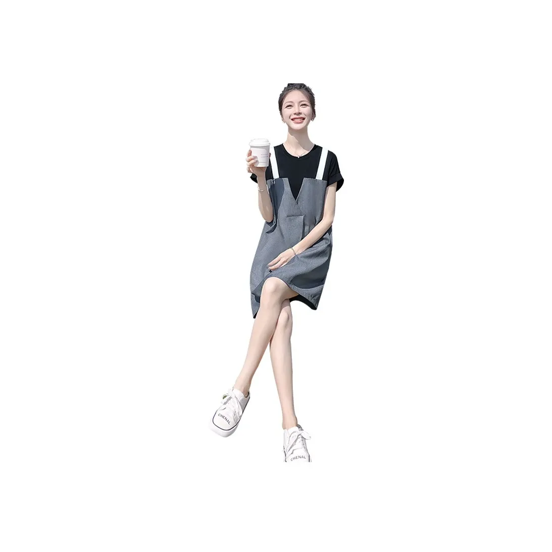 Cypress House Short Sleeved Dress Women's Black Top And Dark Gray Bottom