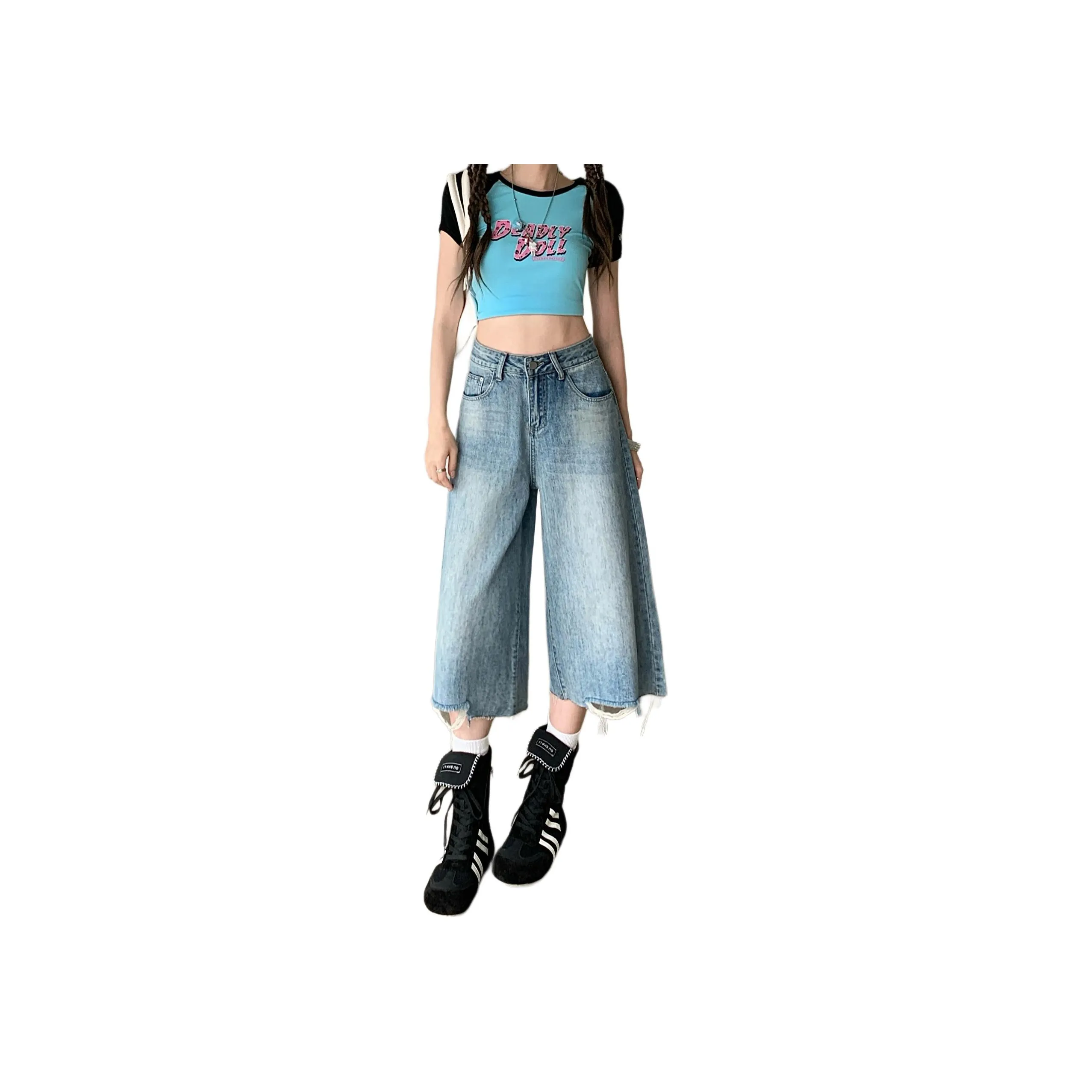 Wen Shan Denim Shorts Women's Light Blue Capri Pants