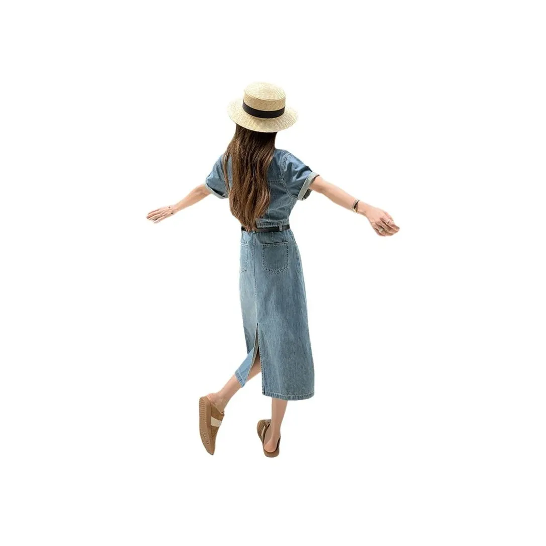TEME Short Sleeved Dress Women's Vintage Denim Blue