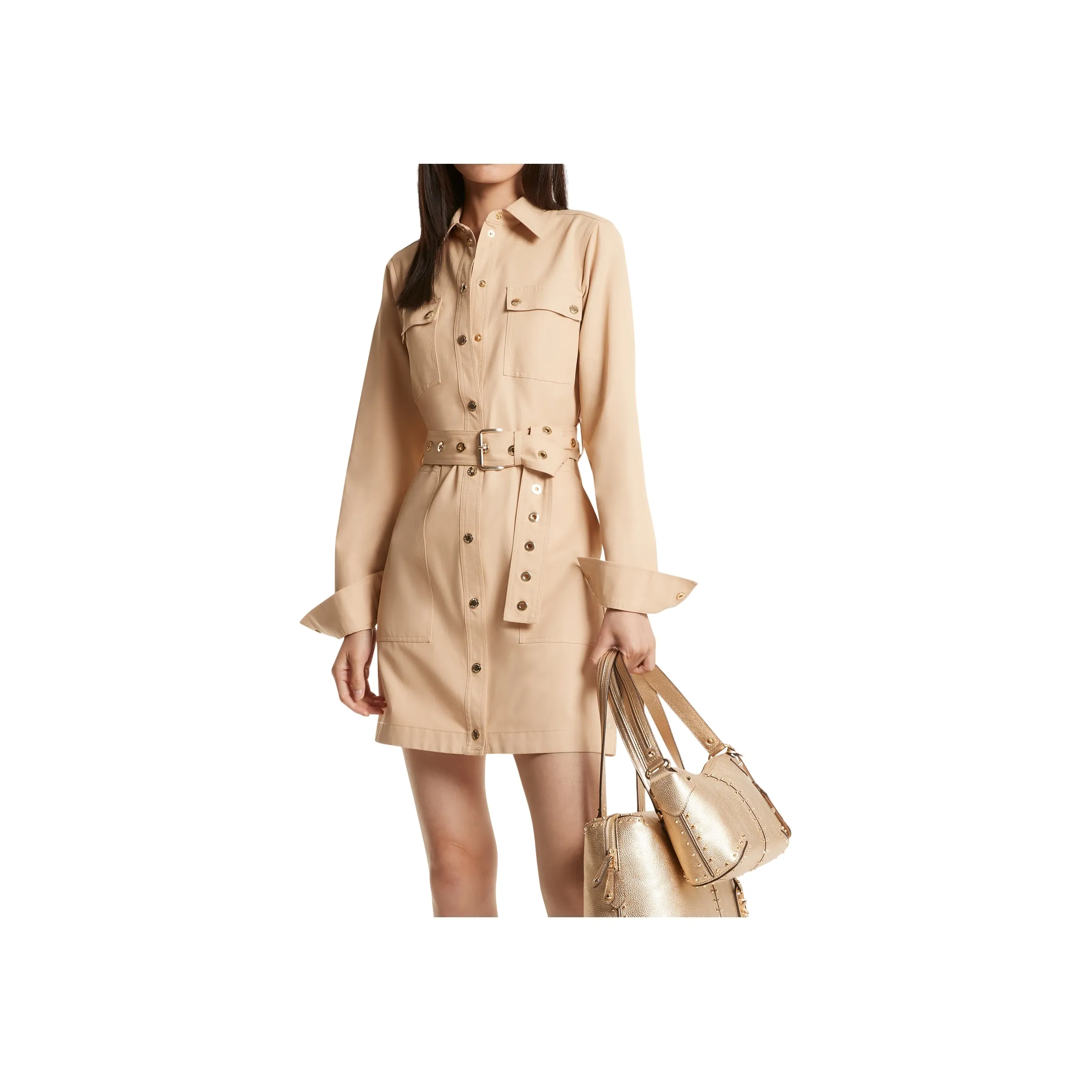 MICHAEL KORS Long Sleeved Shirt Dress Women's Light Brown