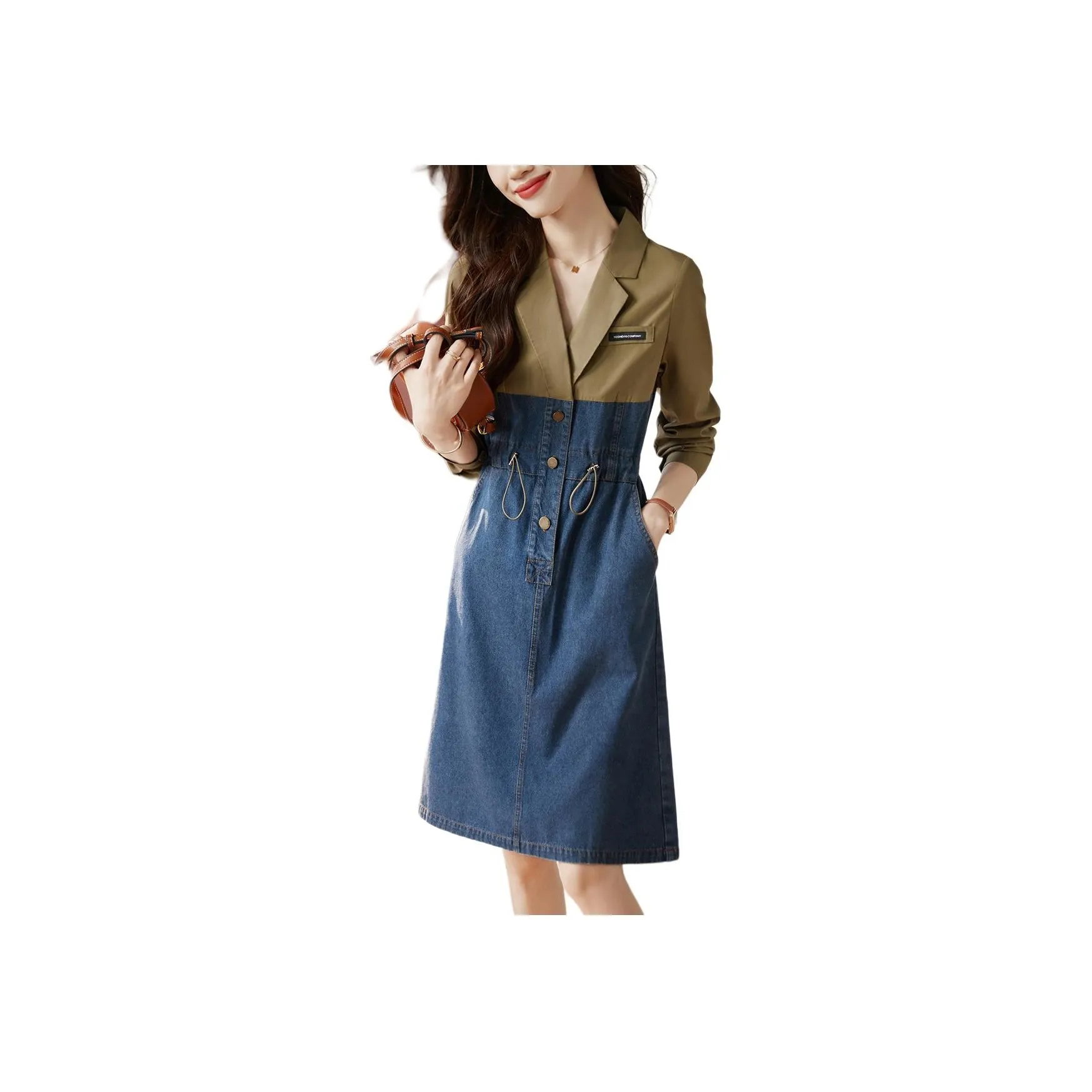 Mo Han Yi Mei Long Sleeved Dresses Women's Denim Blue & Yellow Green