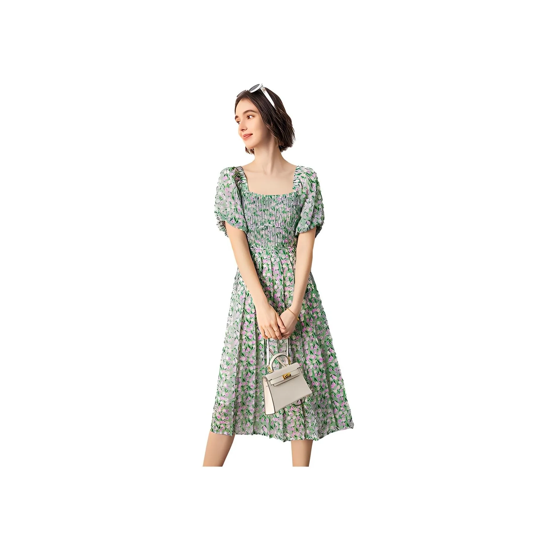 Famanxuan Short Sleeved Dress Women's Glass Green Tulip