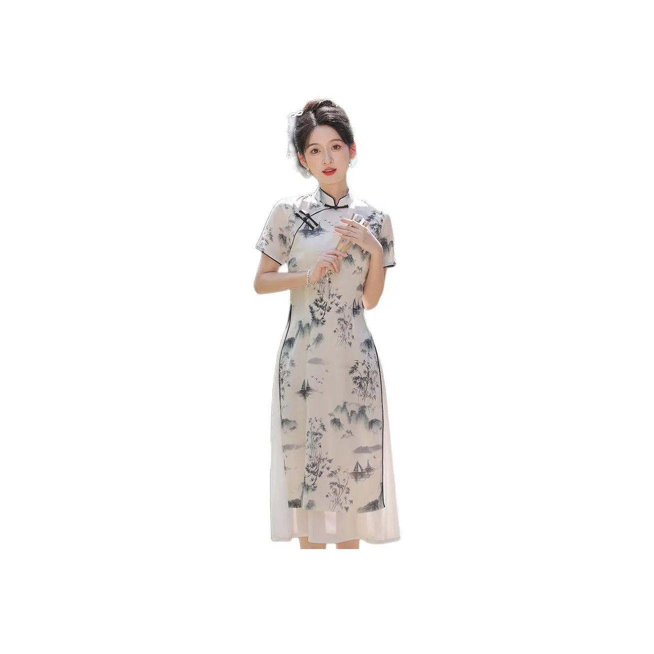 ENEESSI Cheongsam Women's White Landscape Painting