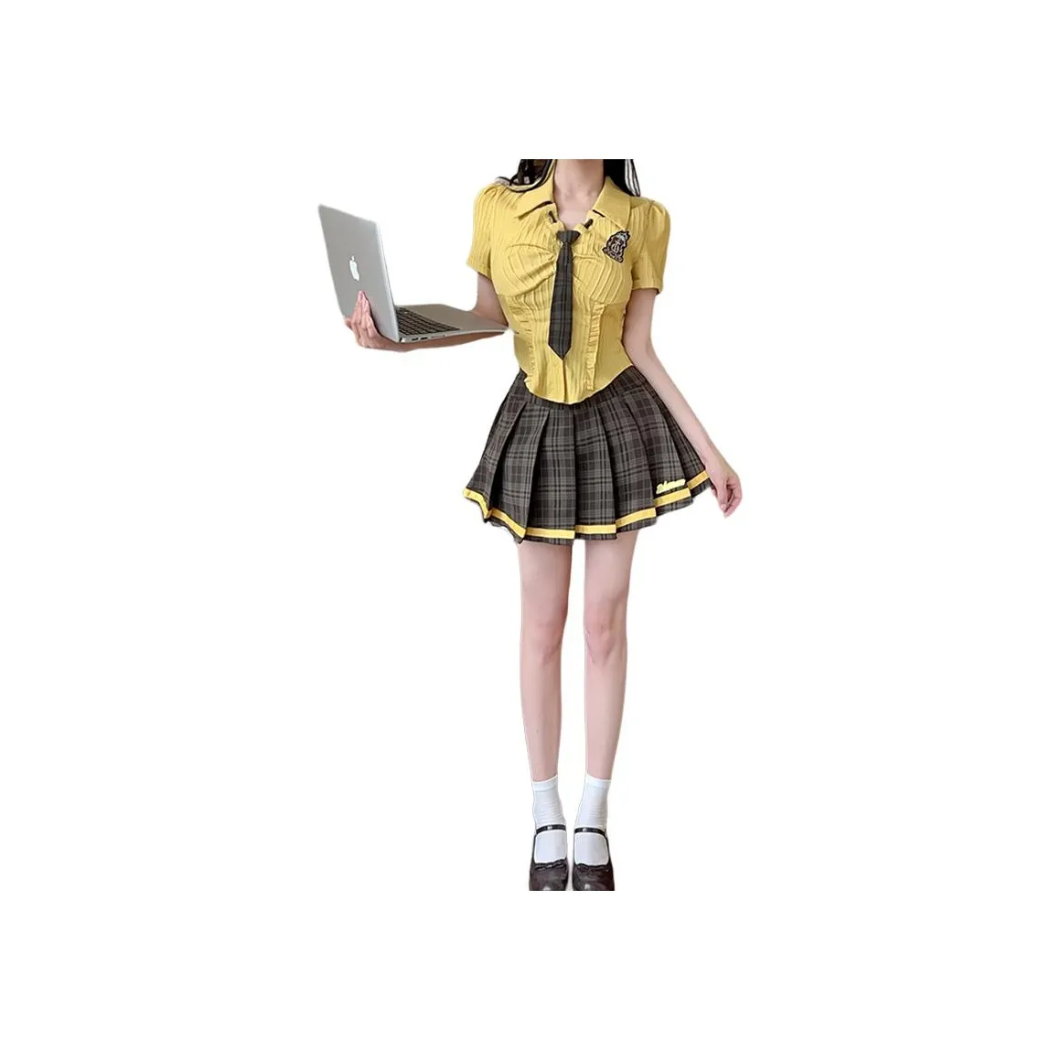 Garbege Желтый Топ Tie Серая Юбка Одежда Комплект Женская Униформа