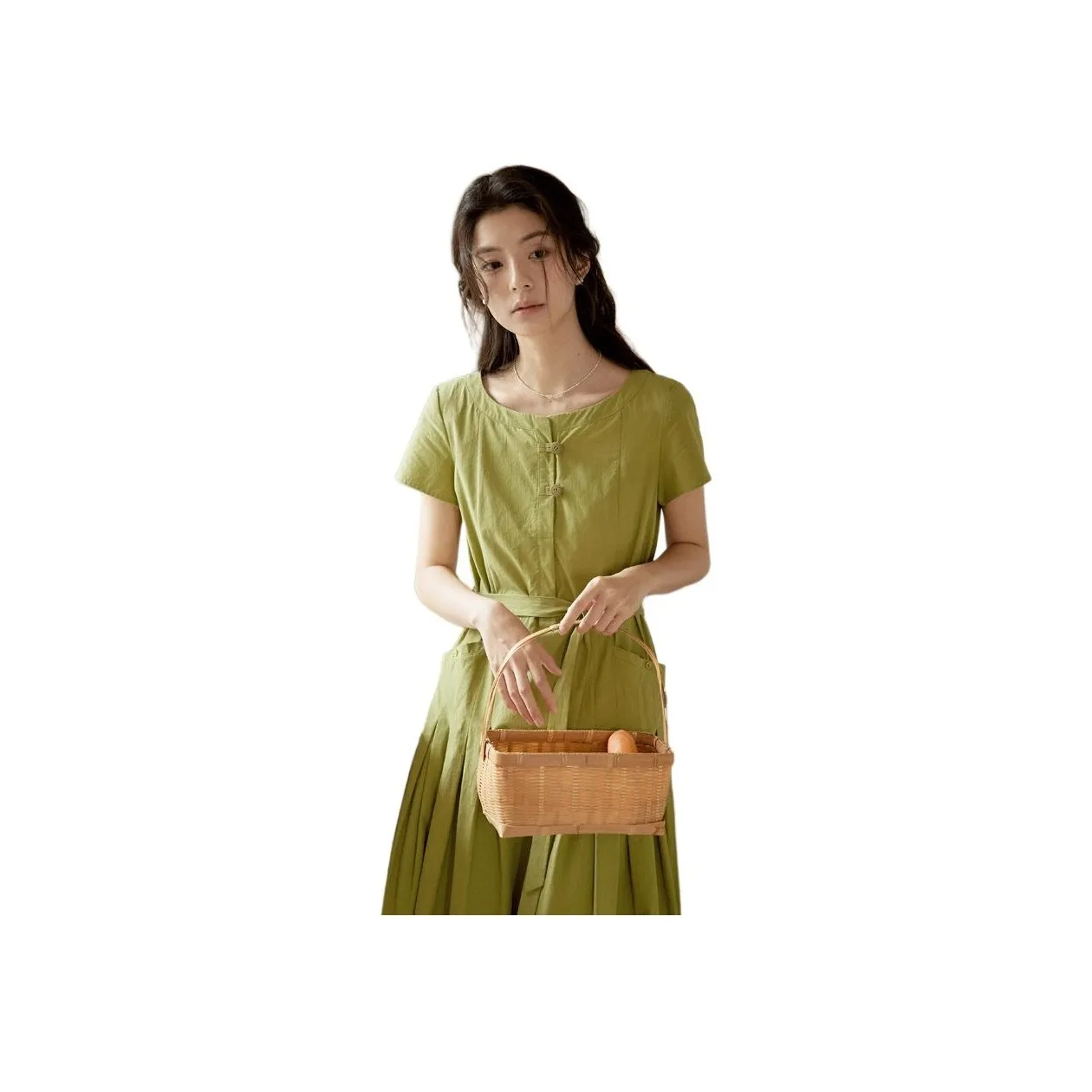 SOLIGHTER Short Sleeved Dress Women's Mustard Green
