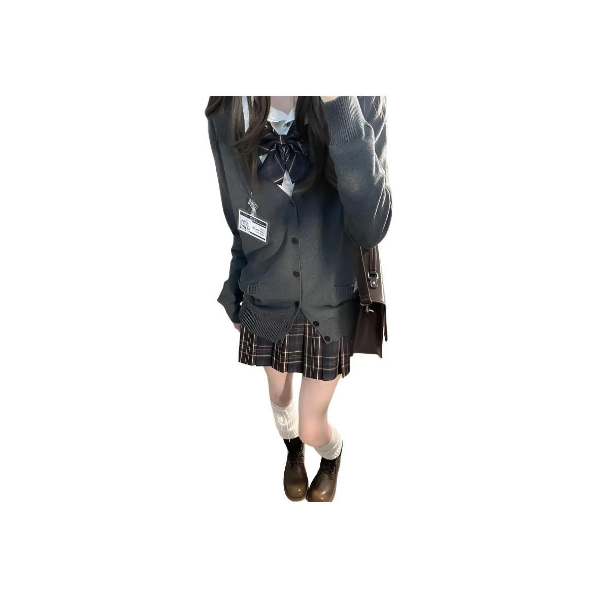 MUQINGQING Белая рубашка + Галстуки-бабочки + Клетчатая юбка + Темно-серое пальто Женские комплекты с юбкой