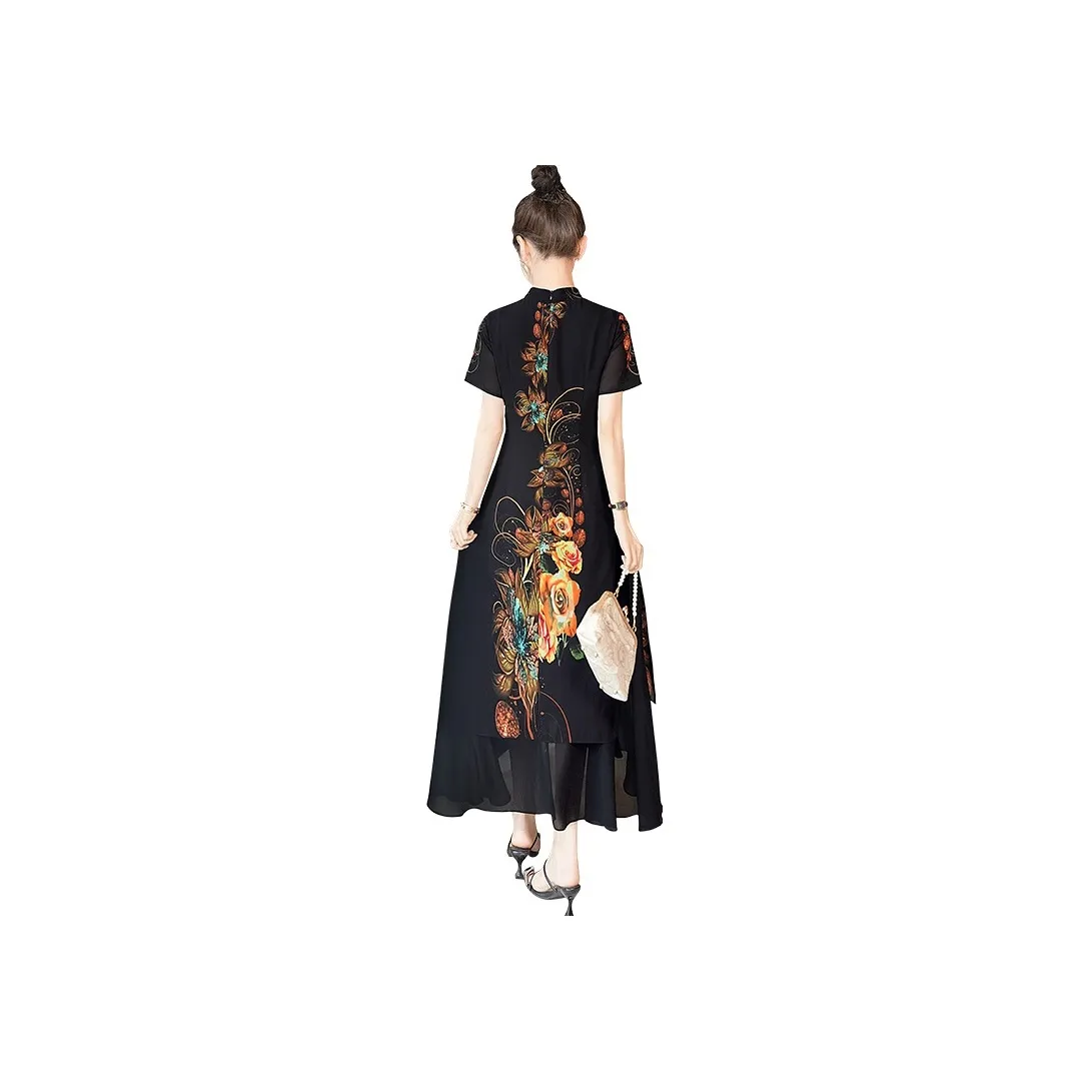 Cypress House Short Sleeved Dress Women's Black With Yellow Floral
