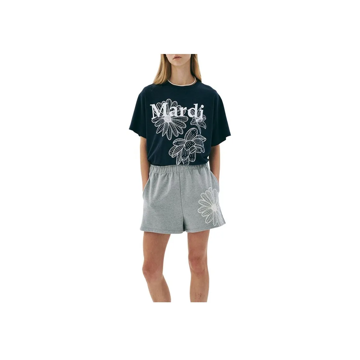 MARDI MERCREDI Three Flowers Collection SS25 T Shirt Women's Marine Blue White Korean Style