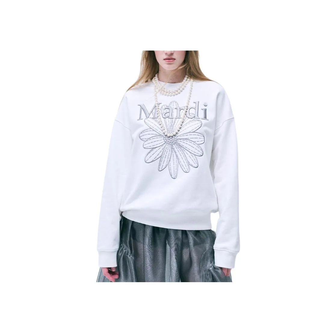 MARDI MERCREDI FW24 SWEATSHIRT FLOWERMARDI NEEDLEWORK_WHITE GREY Sweatshirt Korean Style Women's White Gray