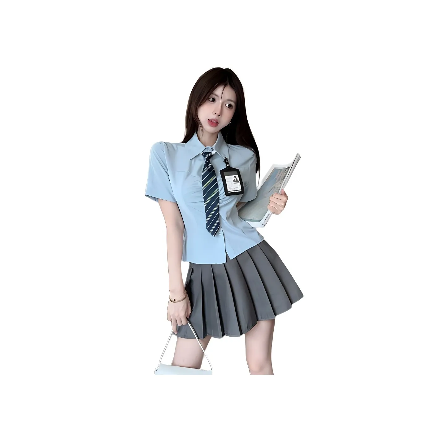 Garbege Uniform Women's Blue Shirt Tie Chest Badge Gray Skirt Set