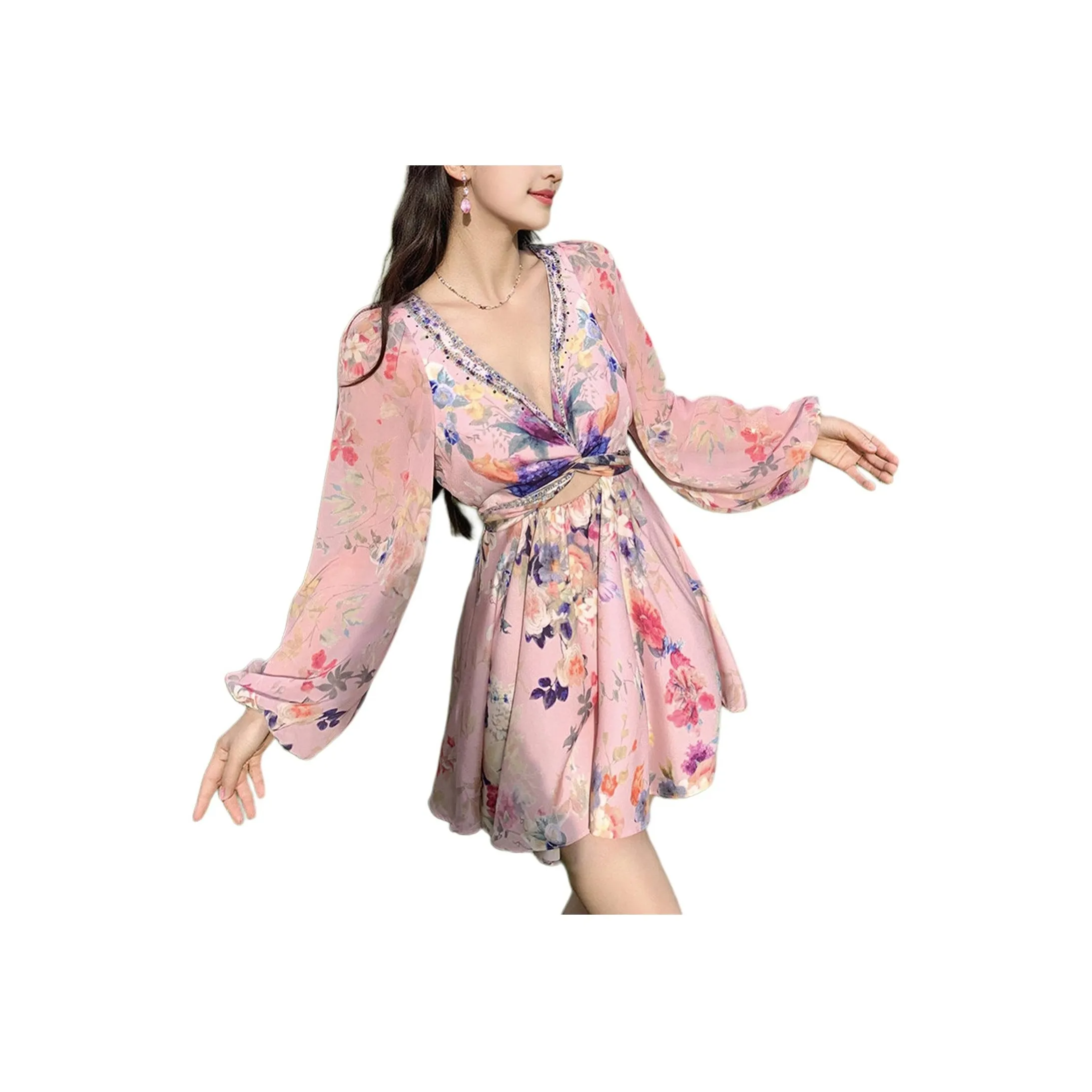 Wbwq Long Sleeved Dress Women's Pink Floral Base