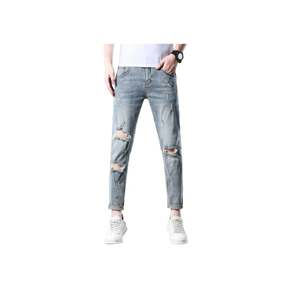 JIKENDI Blue Ankle Length Ripped Men's Jeans JIKENDI Синий Мужские Джинсы с разрывами длины Ankle