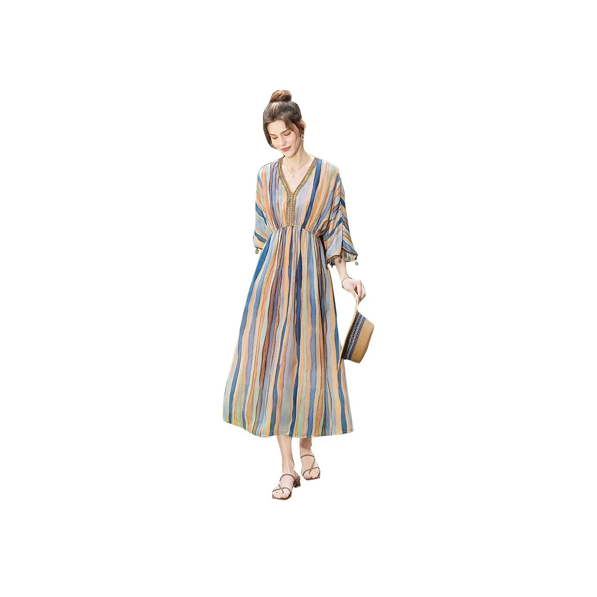 TOUCH Short Sleeved Dress Women's Blue Orange Color Stripes