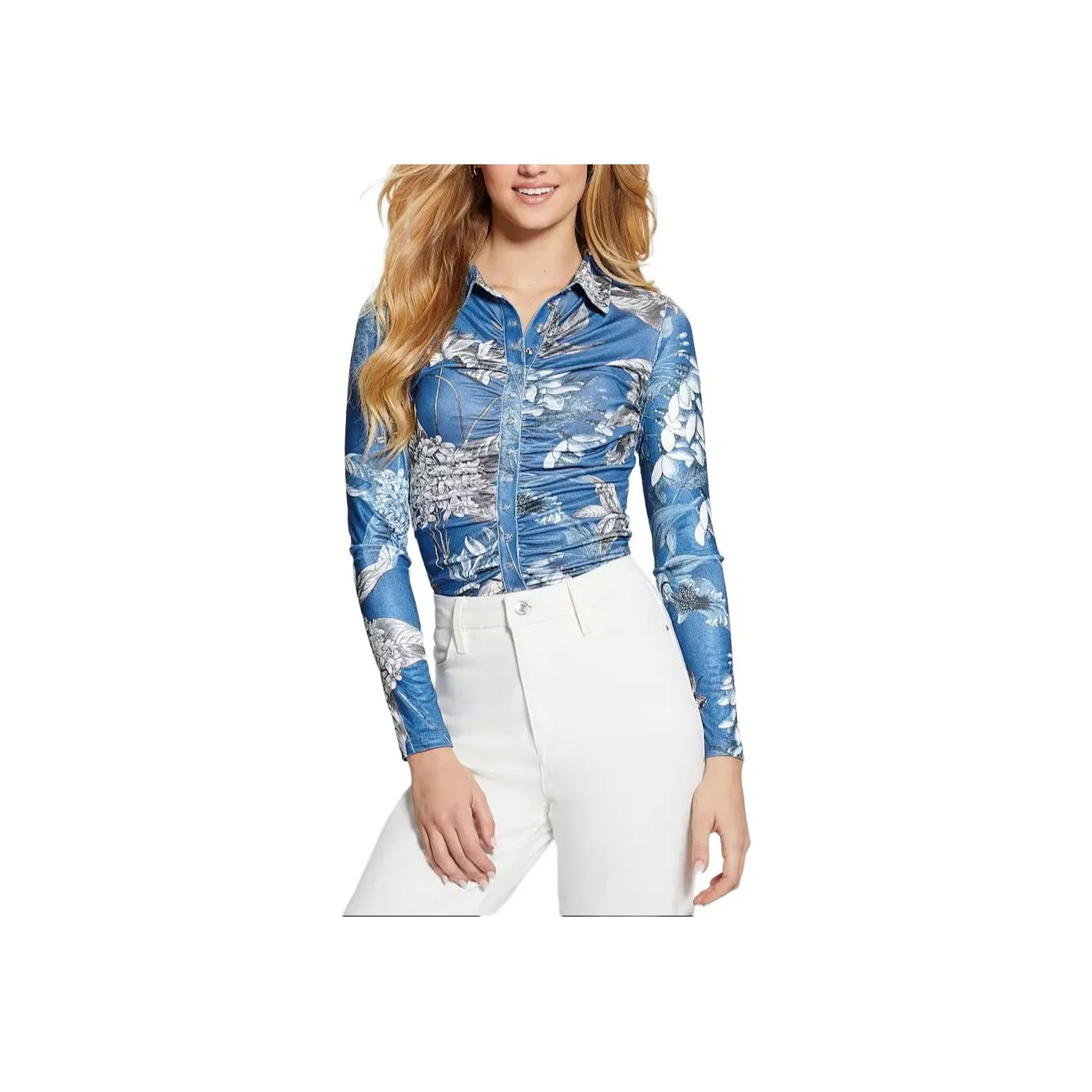 GUESS SS24 Milana Shirred Printed Blouse Shirt Women's Blue
