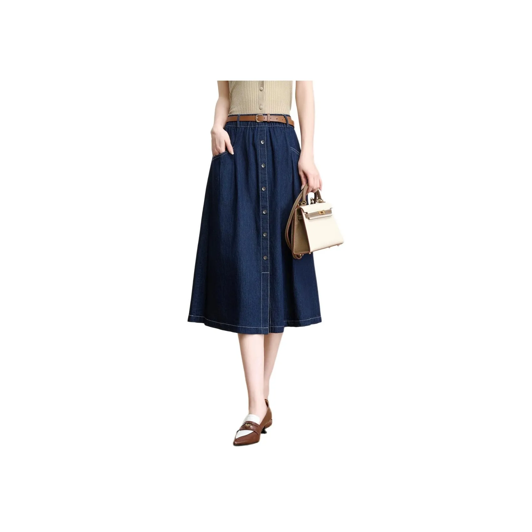 FENHONGMALI Denim Long Skirt Women's Denim Blue