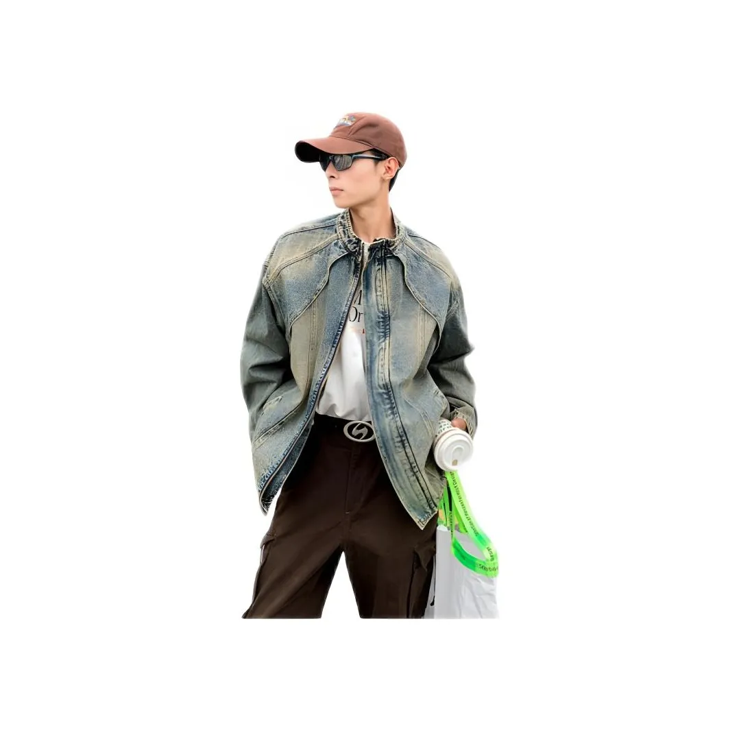 TONYBEAR Мужская одежда Винтаж Свободный крой Потертый воротник-стойка Джинсовая куртка Повседневная Куртка ZIP UP Мужская