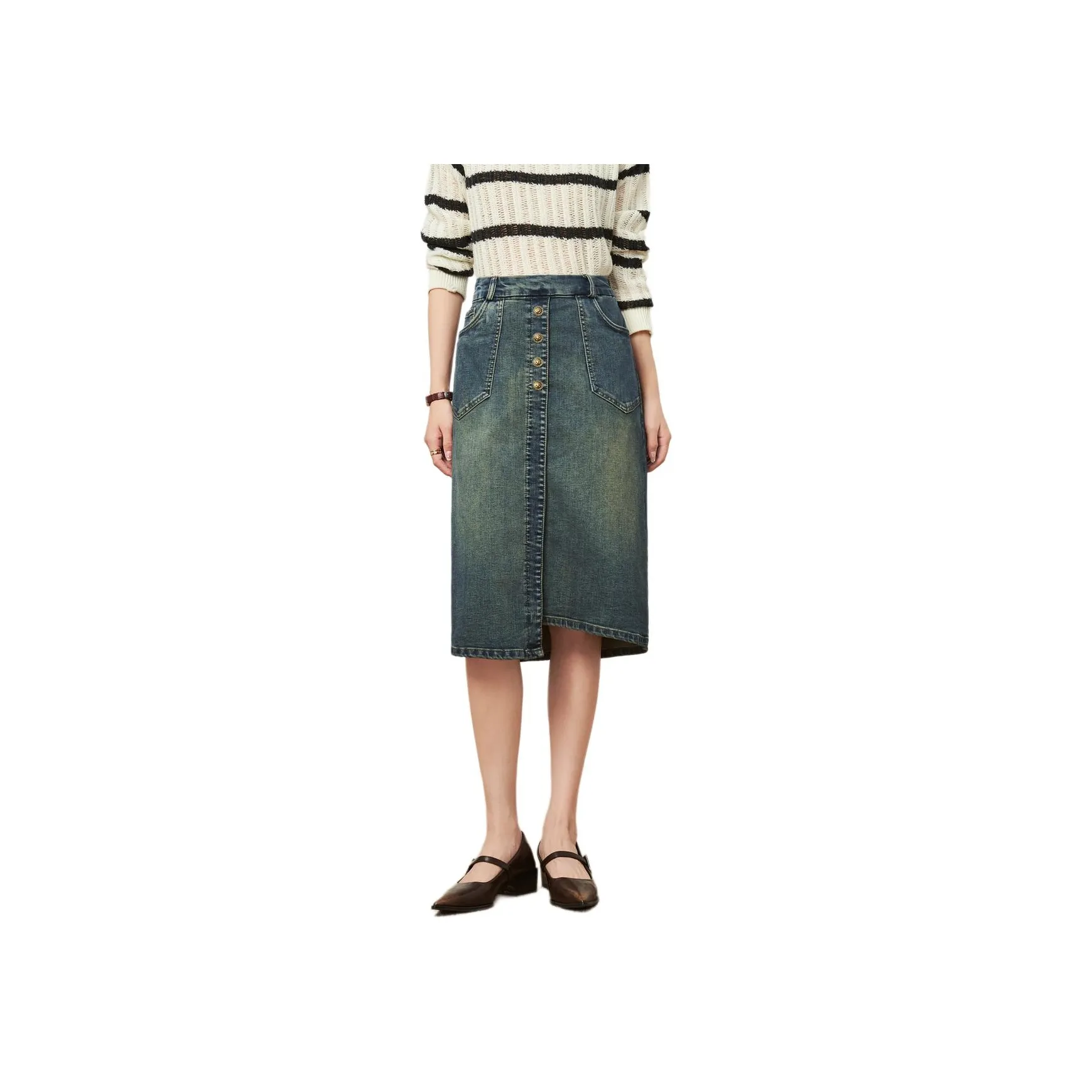 FENHONGMALI Denim Long Skirt Women's Blue