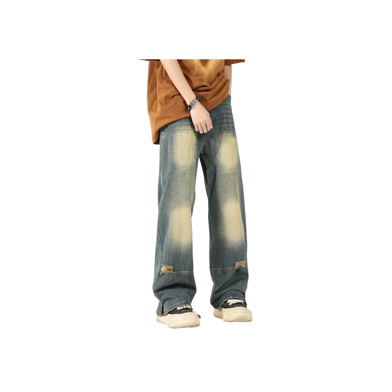 Vintage Washed Small Slot Wide Leg Street Ripped Long Jeans