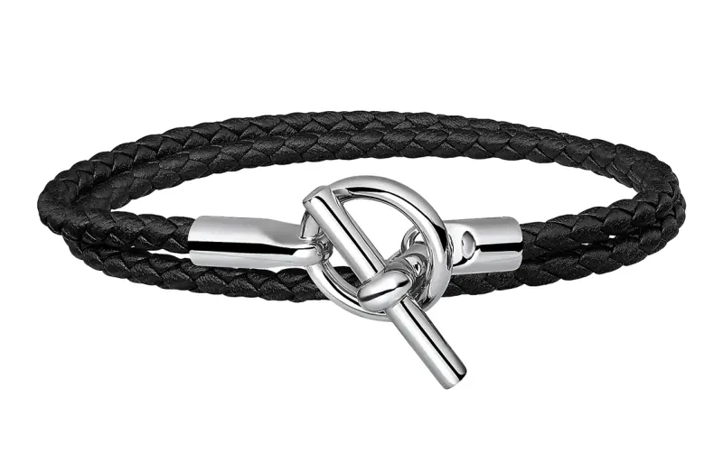 HERMES Leather Bracelets Unisex Black