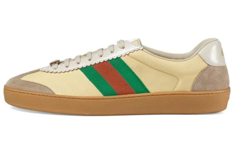 GUCCI Gucci G74 Веб кожаный со шнурками Круглая голова, немецкая тренировочная обувь, низкий топ популярный панель обувь мужской стиль Коричневый зеленый