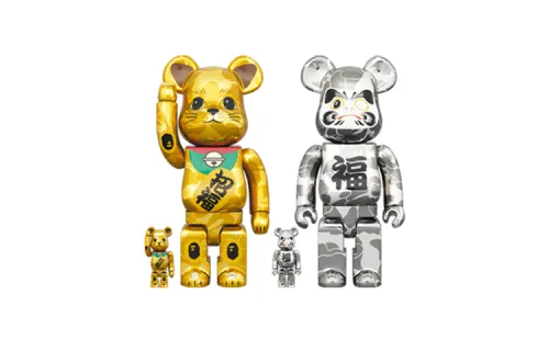 BE@RBRICK X BAPE(R) Maneki Neko & Daruma Gold-plated Lucky Cat & Silver-plated Daruma 4-piece set, trendy doll 100%400%