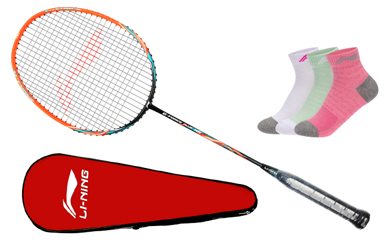 Li Ning Wooden Badminton Rackets Single Pack, Pre Strung Offensive Type 1U Blue, Orange Unisex