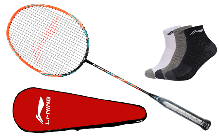 Li Ning Wooden Badminton Rackets Single Pack, Pre Strung Offensive Type 1U Blue, Orange Unisex