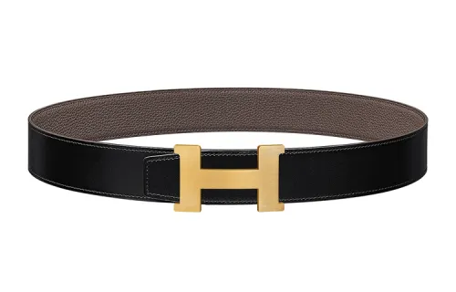 HERMES Cow Leather Belts Men's Black/Tin Gray Width 3.8cm