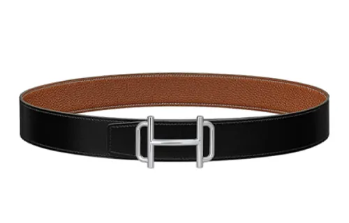 HERMES Constance Calfskin Leather Belts Men's Black/Gold Width 3.8cm