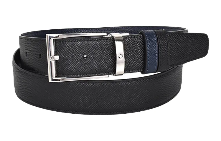 MONTBLANC Large Class Collection Business Double Sided Two Tone Dual Use Leather Belts Men's Black/Blue Width 3.5cm