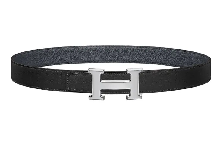 HERMES H Belt Buckle Calfskin Leather Belts Men's Black Midnight Blue 3.2cm