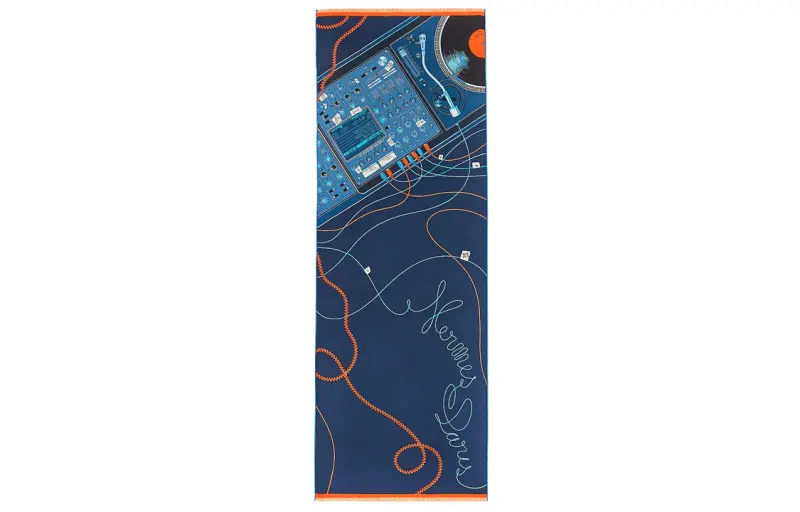HERMES Last Night Scarves Men's Marine Blue/Orange/Blue