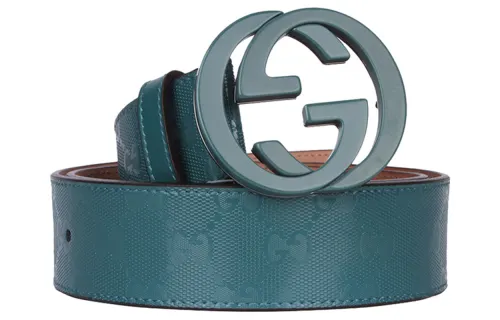 GUCCI Interlocking G Canvas Leather Belts Men's Green Width 4cm