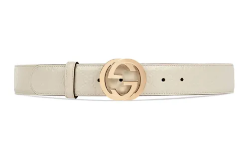 GUCCI Interlocking G Leather Belts Women's Ecru Width 3.8cm