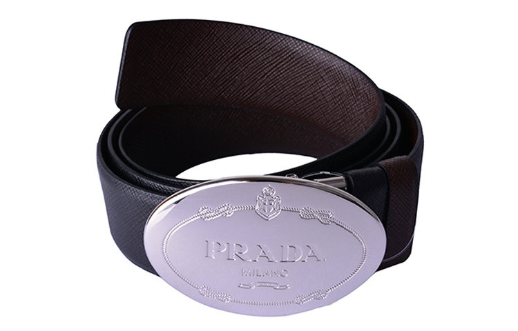 PRADA Double Sided Goose Egg Head Emblem Smooth Buckle Leather Belts Men's Black Brown Width 3.5cm