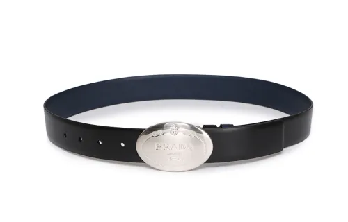 PRADA Cow Leather Plate Buckle Double Sided Belt Men's Black Width 3.5cm