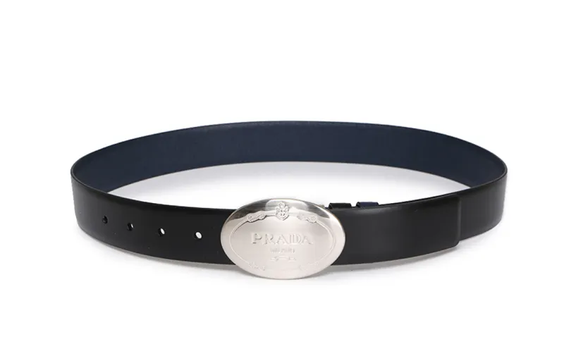 PRADA Cow Leather Plate Buckle Double Sided Belt Men's Black Width 3.5cm